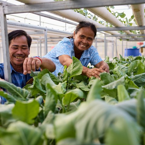 Chana and Sare in their aquaponics greenhouse in Sambo, Cambodia.