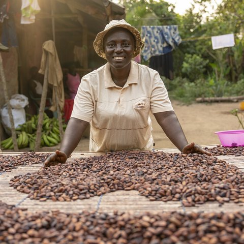A woman smiles while spreading cocoa beans to dry on a raised platform outside her home. The scene is a rural village with produce, laundry, and greenery in the background.