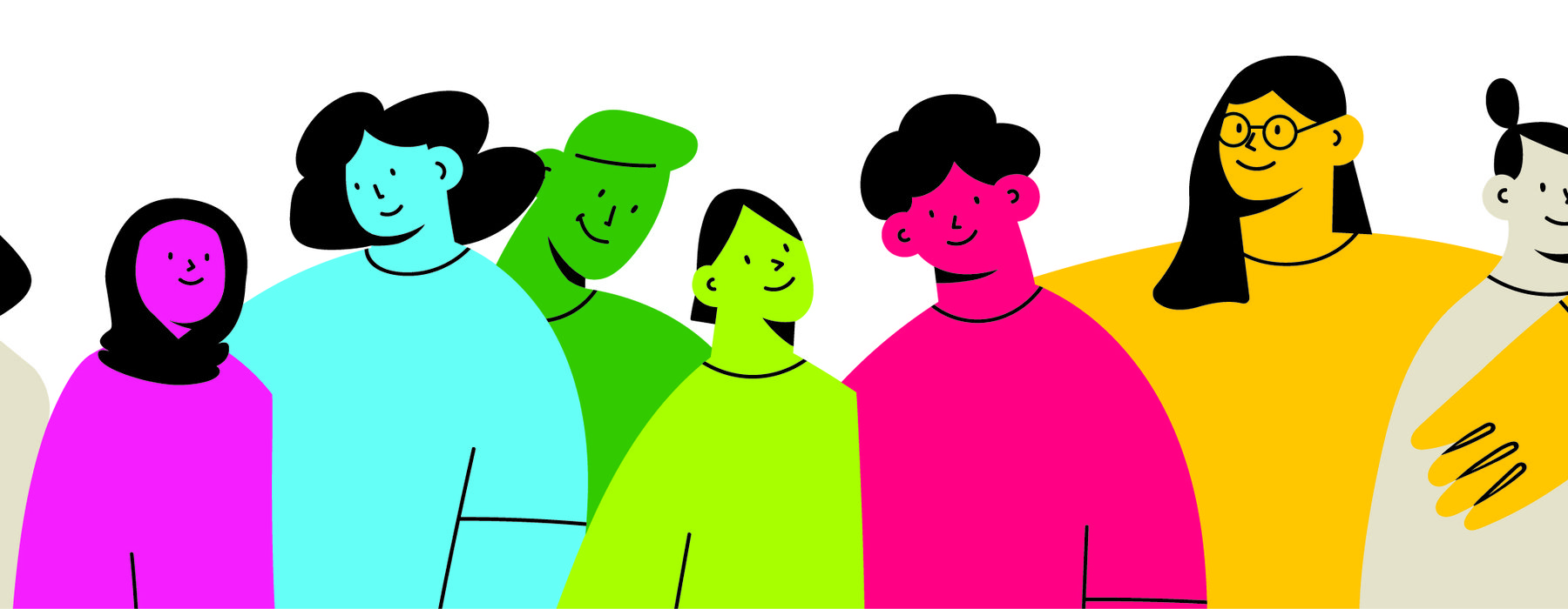 An illustration of a group of brightly coloured people