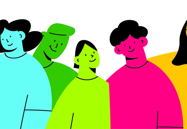 An illustration of a group of brightly coloured people