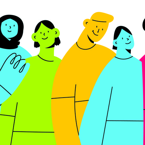 An illustration of a group of brightly coloured people