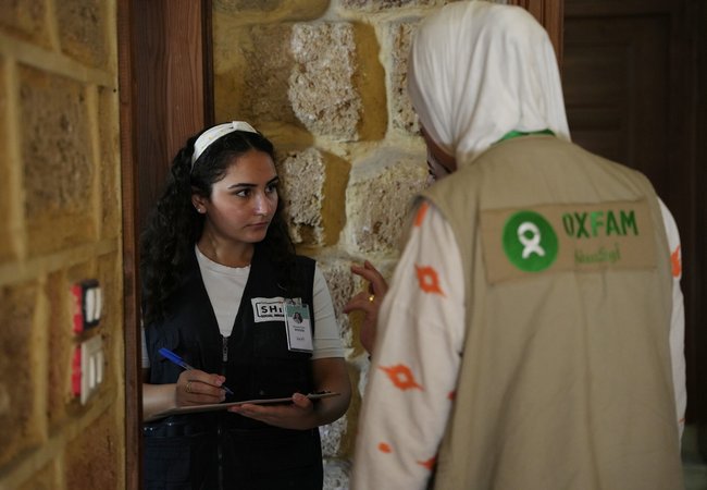 Oxfam and partner SHiFT - Social Innovation Hub undertaking assessments after meeting with displaced families at a collective shelter in North Lebanon.