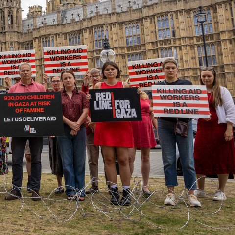 Campaigners hold placards during Red Line for Gaza action in Westminster.