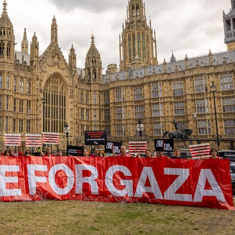 Protest outside of Westminster - a line of people holding a banner that says Red Line for Gaza
