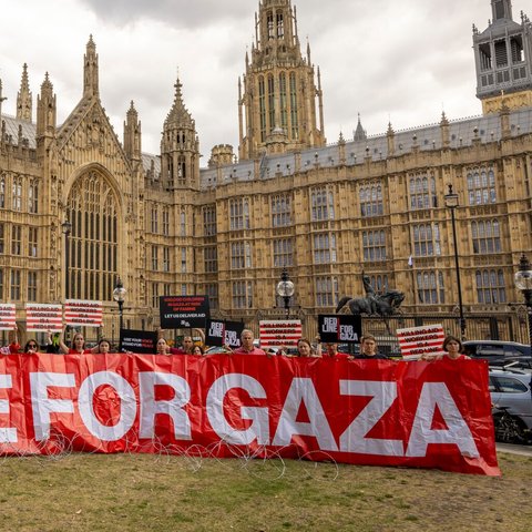 Protest outside of Westminster - a line of people holding a banner that says Red Line for Gaza