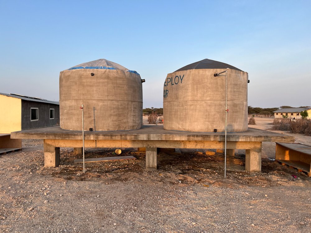 Two inflatable concrete water tanks installed in Turkana county, Kenya.