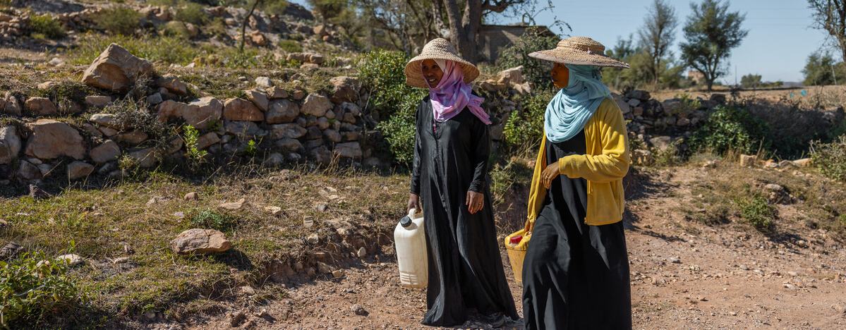 Abeer and her sister are walking along a dusty track carrying empty water containers in a district of Taiz, Yemen.
