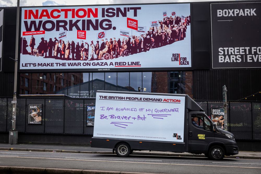 Digital advertising van and billboard displaying Oxfam’s ‘Inaction Isn’t Working’ campaign, along with handwritten messages from the British public.