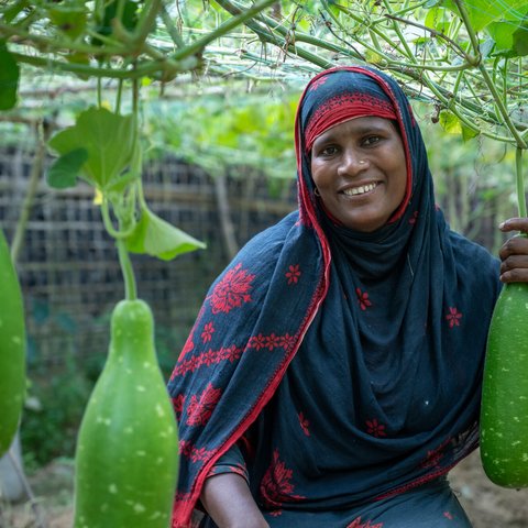 Aysha is smiling, sitting under the pergola structure in her homestead garden with bottle gourd vegetables growing around her.