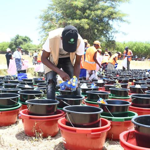 Field workers distribute items into rows of large plastic buckets set outdoors, with Oxfam branding visible.
