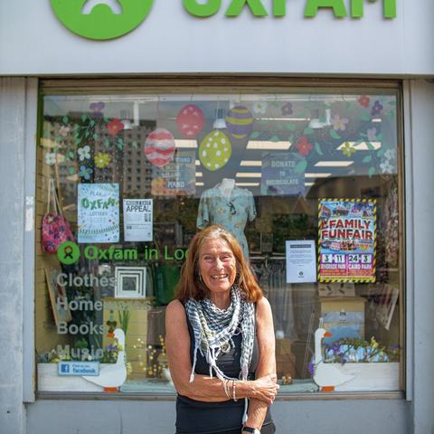 Barbara stands outside the Lochee shop