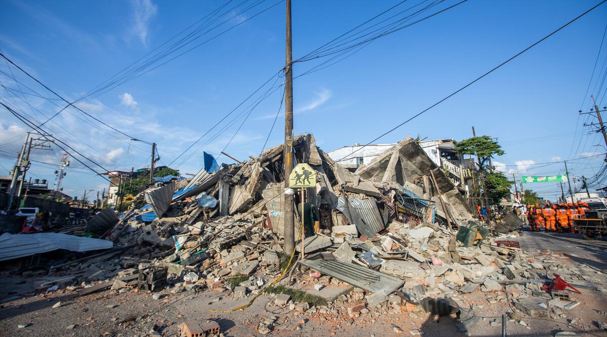 Rubble and debris from a collapsed building on the corner of a street in the Chocó region after the 7.4 magnitude earthquake hit the region.