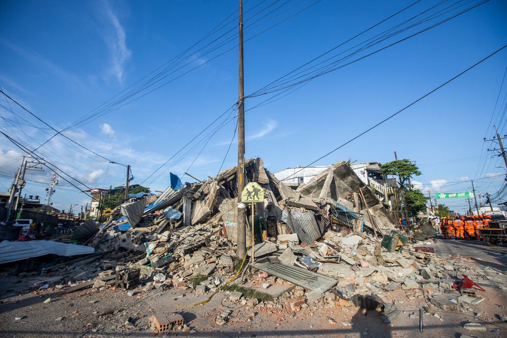 Rubble and debris from a collapsed building on the corner of a street in the Chocó region after the 7.4 magnitude earthquake hit the region.