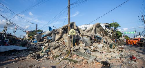 Rubble and debris from a collapsed building on the corner of a street in the Chocó region after the 7.4 magnitude earthquake hit the region.