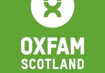 White Oxfam Scotland logo and text on a green background