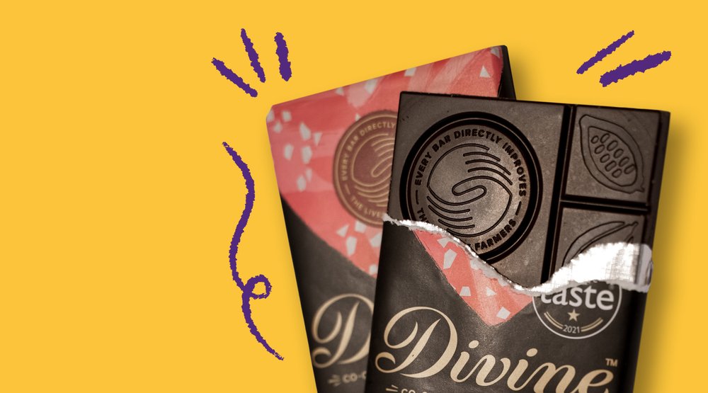 A bar of Divine chocolate on a yellow background
