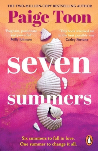 Book cover of Seven Summers by Paige Toon. A warm gradient background shifts from orange to pink and purple. White seashells are arranged vertically down the centre, with them broken into pieces. The title appears in large white lowercase text.