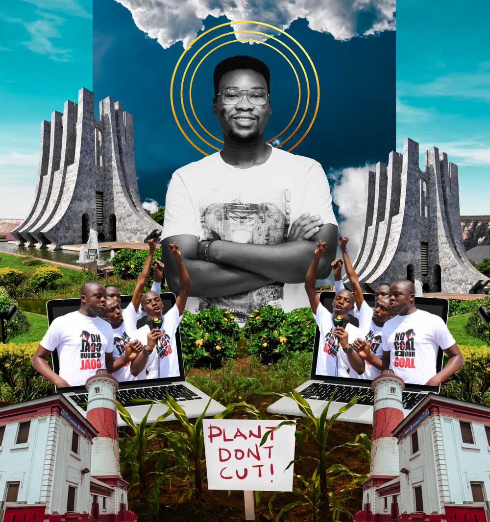 A collage with activist Perk standing with imagined buildings in the background and a halo around his head..