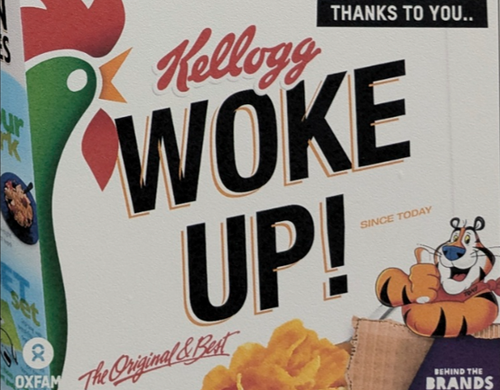 A poster parodying a Kellogg Cornflakes packet. Text reads "Kellogg Woke Up!"