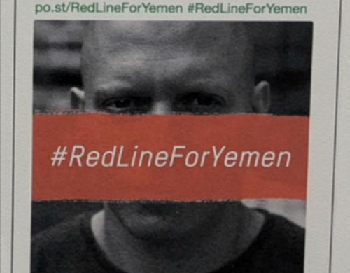 A screenshot from social media. Text reads "We stand against UK arms sales to Saudi Arabia for use in #Yemen. Stand with us."