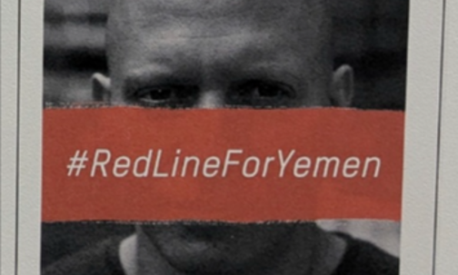 A screenshot from social media. Text reads "We stand against UK arms sales to Saudi Arabia for use in #Yemen. Stand with us."