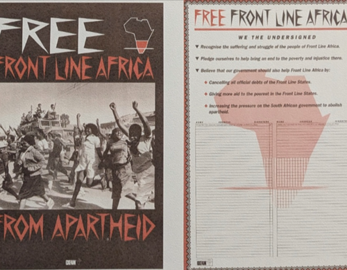 A leaflet for Oxfam's 1990 campaign, with the slogan 'Free front line Africa from Apartheid'
