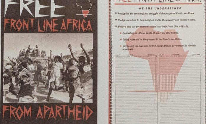 A leaflet for Oxfam's 1990 campaign, with the slogan 'Free front line Africa from Apartheid'