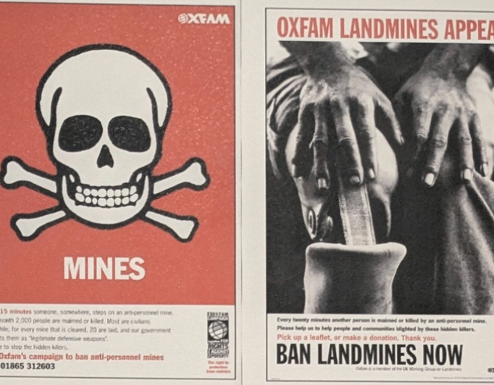 Posters promoting Oxfam's landmines appeal, featuring an image of a skull and crossbones and hands resting on a prosthetic leg.