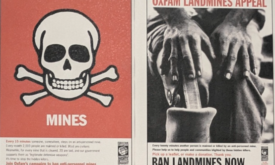 Posters promoting Oxfam's landmines appeal, featuring an image of a skull and crossbones and hands resting on a prosthetic leg.