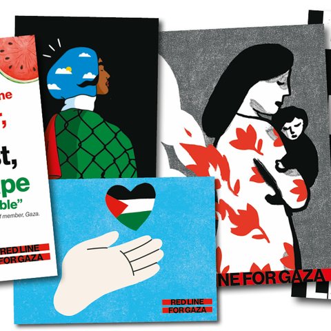 A montage of postcards about the Red Line for Gaza campaign.