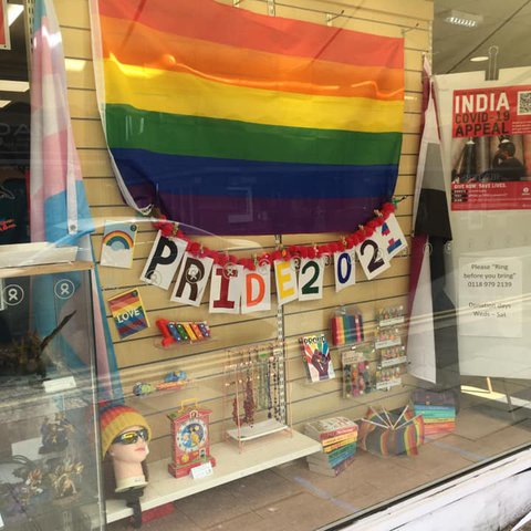 A Pride 2021 Oxfam shop window