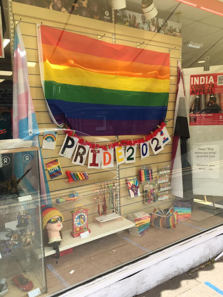 A Pride 2021 Oxfam shop window