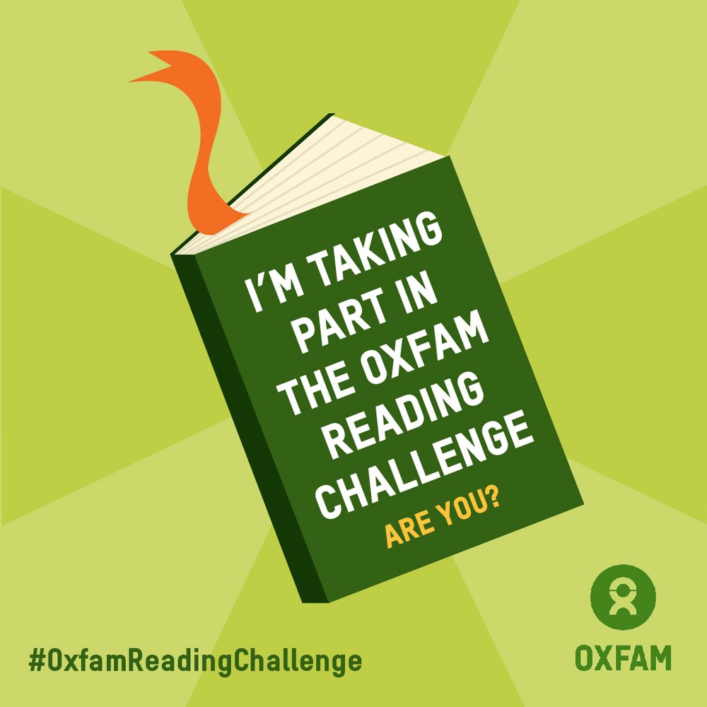 Graphic of a book with the text 'I'm taking part in the Oxfam Reading Challenge. Are you?' written on it.