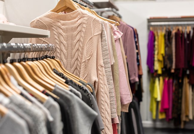 Pastel knitted jumpers hanging on racks in a large shop.