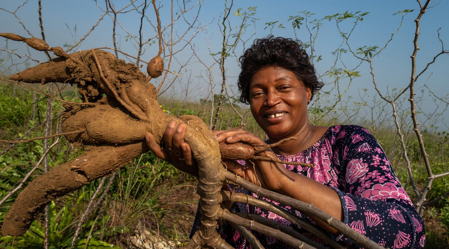 Magdalene harvests cassava on the farm she shares with members of the Female Pastors Network (FEMINET) in Port Loko, Sierra Leone.