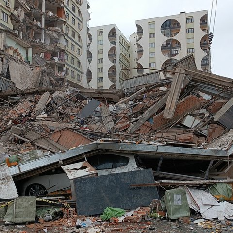 Aman walks past collapsed buildings at Galleria Apartment in Diyarbakir, southeast Turkey.