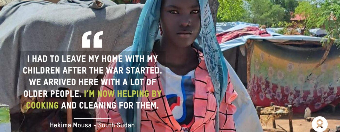 Hekima Mousa in South Sudan. Text reads 'I had to leave my home with my children after the war started. We arrived here with a lot of older people. I'm now helping by cooking and cleaning for them'