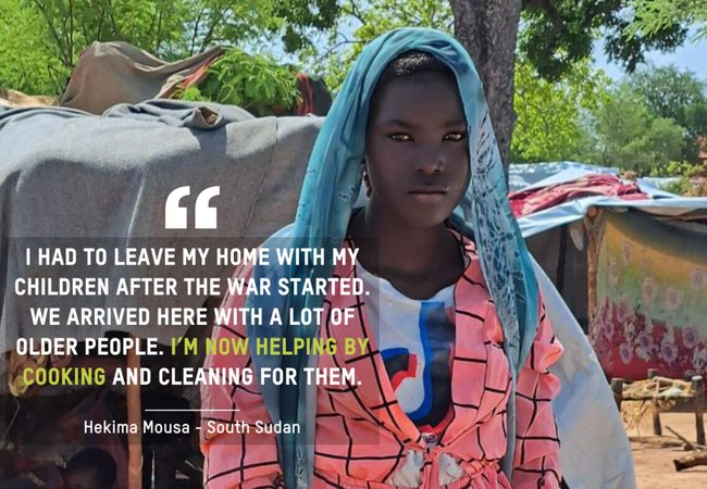 Hekima Mousa in South Sudan. Text reads 'I had to leave my home with my children after the war started. We arrived here with a lot of older people. I'm now helping by cooking and cleaning for them'