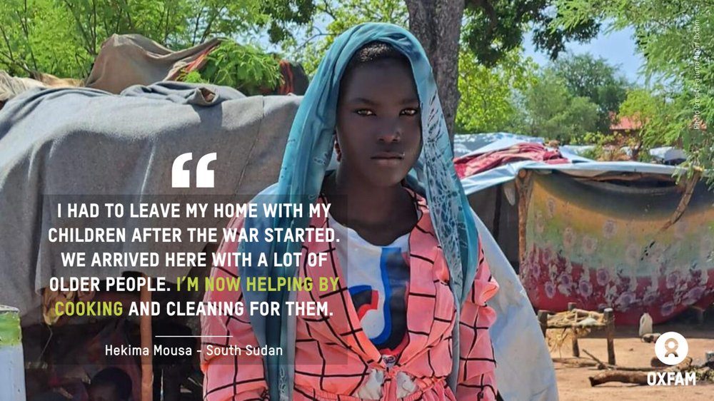 Hekima Mousa in South Sudan. Text reads 'I had to leave my home with my children after the war started. We arrived here with a lot of older people. I'm now helping by cooking and cleaning for them'