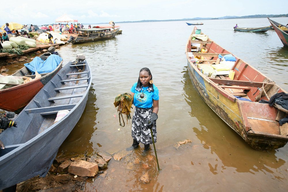 Ugandan climate activist Hilda taking part in a clean up sessions in Lake Victoria.