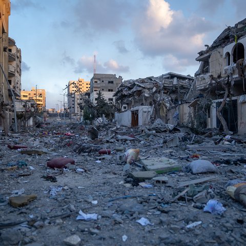 The destruction was caused by the Israeli airstrikes in Al Remal neighbourhood in the middle of Gaza City during the 4th day of the escalation.