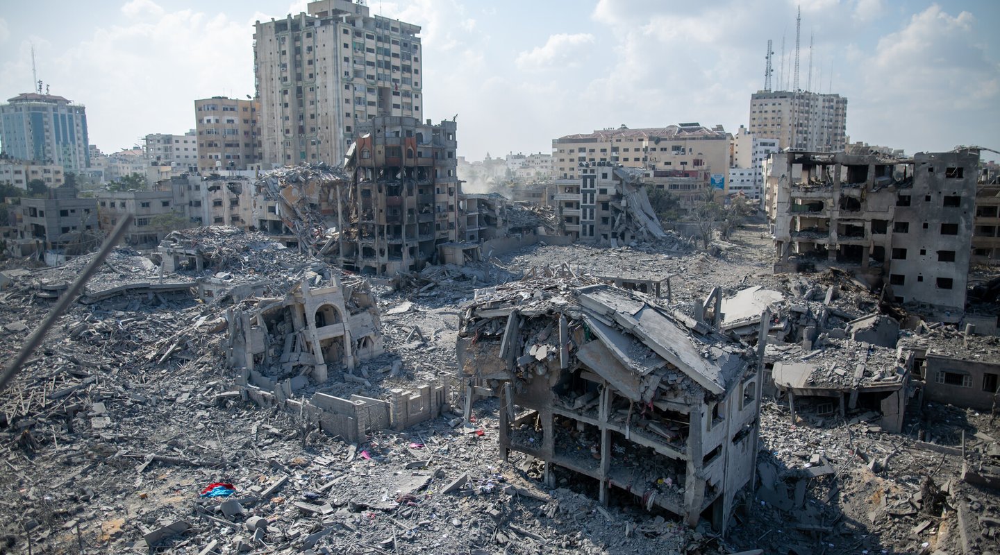 The aftermath of Israeli airstrikes in Al Remal, Gaza, October 2023.