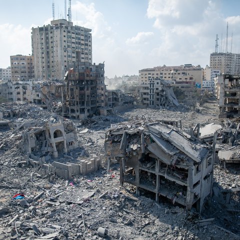 The aftermath of Israeli airstrikes in Al Remal, Gaza, October 2023.