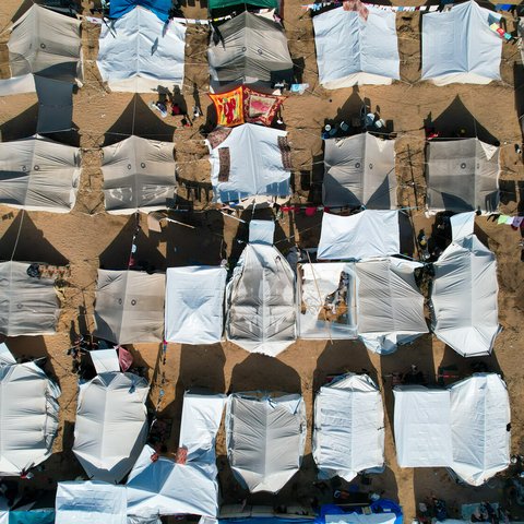 An aerial view of white tens for displaced people in Gaza.