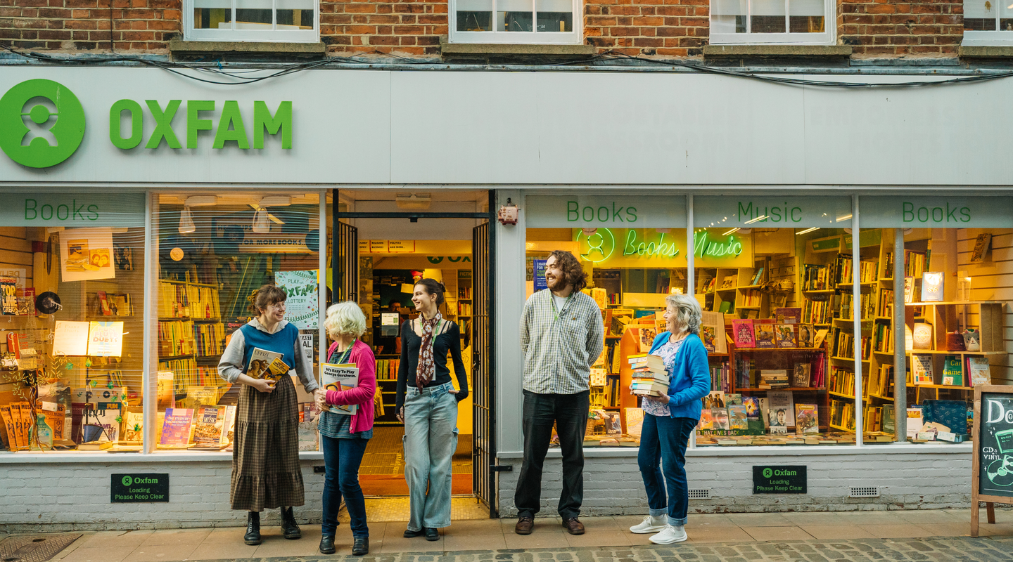 A group of volunteers outside Oxfam's books and music shop in Norwich.