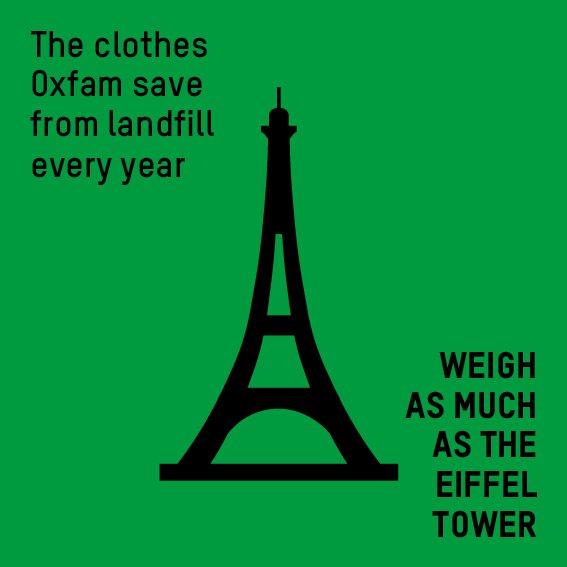 Green graphic with the Eiffel tower 'the clothes Oxfam save from landfill every year weigh as much as the Eiffel tower