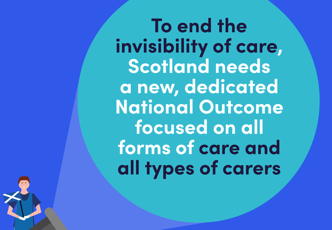 Text reads: 'To end the invisibility of care, Scotland needs a new, dedicated National Outcome focused on all forms of care and all types of carers.'