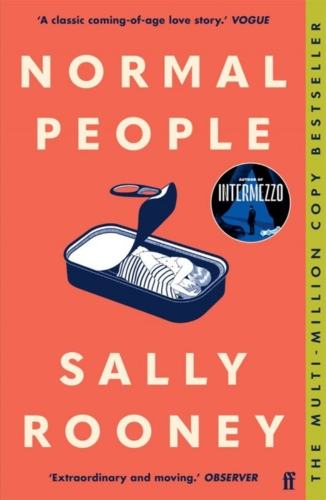 Book cover of Normal People by Sally Rooney. Red background with the title and author's name in a large cream letters. At the centre is an illustration of an opened sardine tin containing two people curled up together instead of fish.