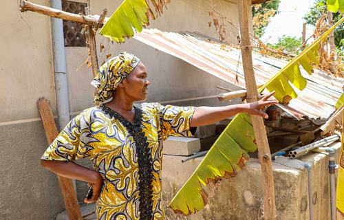 Sarah holding technology and showing her farm in Nasawara state, Nigeria.