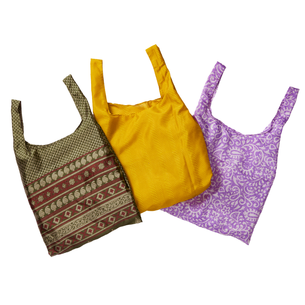 Recycled sari tote bags in a range of colours and prints